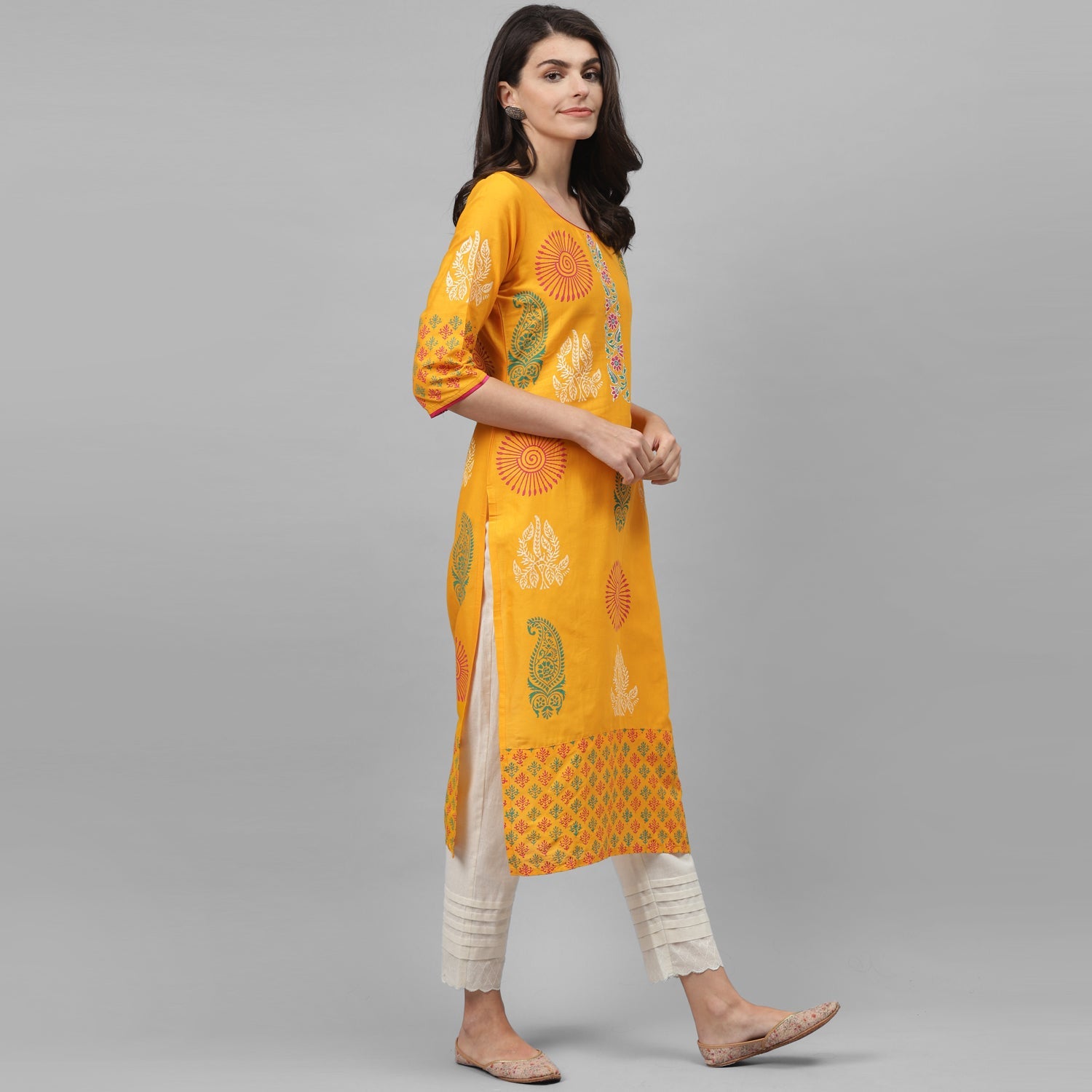 Maai Rayon Hand Printed Kurta Yellow | Grocsy