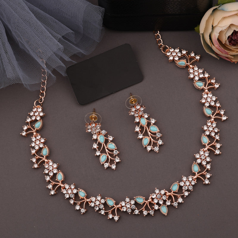 Tehzeeb Creations Rose Gold Pleated White Diamond With Sky Blue Beads Necklace Set | Grocsy