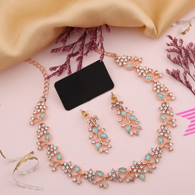 Tehzeeb Creations Rose Gold Pleated White Diamond With Sky Blue Beads Necklace Set | Grocsy