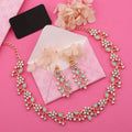 Tehzeeb Creations Rose Gold Pleated White Diamond With Sky Blue Beads Necklace Set | Grocsy