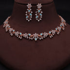 Tehzeeb Creations Rose Gold Pleated White Diamond With Sky Blue Beads Necklace Set | Grocsy