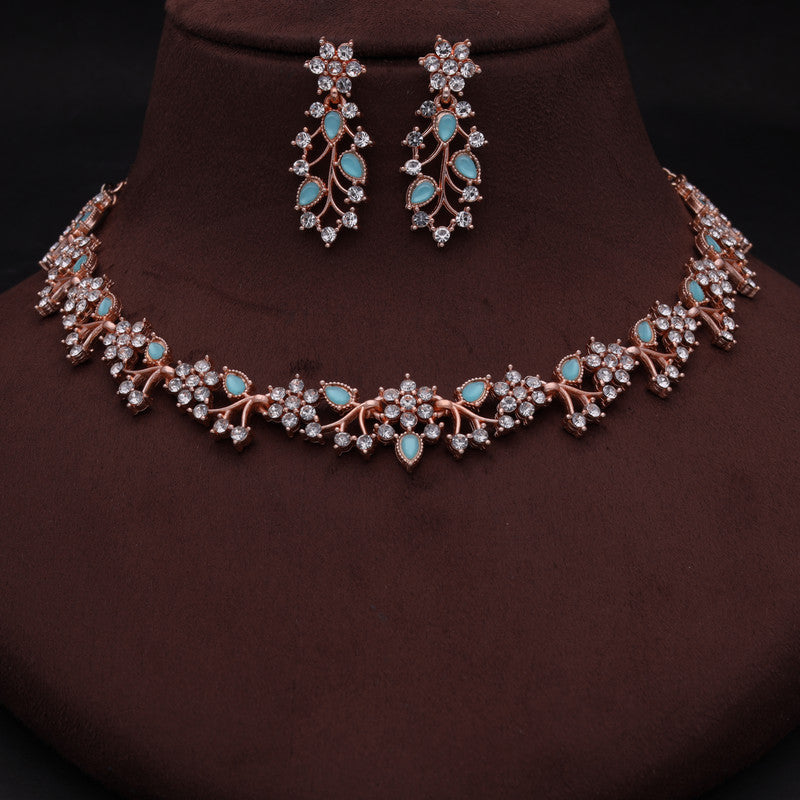 Tehzeeb Creations Rose Gold Pleated White Diamond With Sky Blue Beads Necklace Set | Grocsy