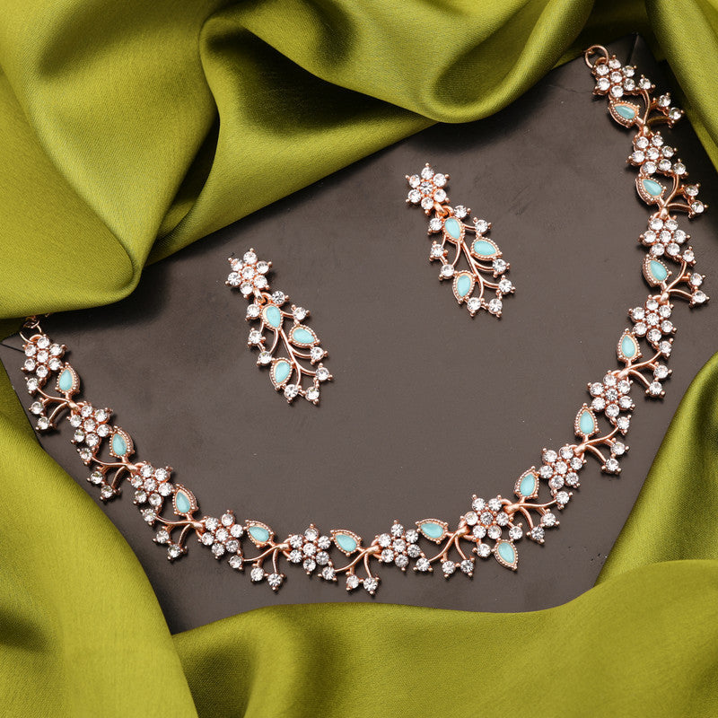 Tehzeeb Creations Rose Gold Pleated White Diamond With Sky Blue Beads Necklace Set | Grocsy