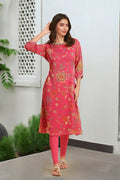W for Woman Pink Chiffon Printed Kurta with Multi-coloured Floral Embroidery | Grocsy
