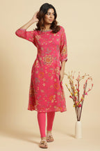 W for Woman Pink Chiffon Printed Kurta with Multi-coloured Floral Embroidery | Grocsy
