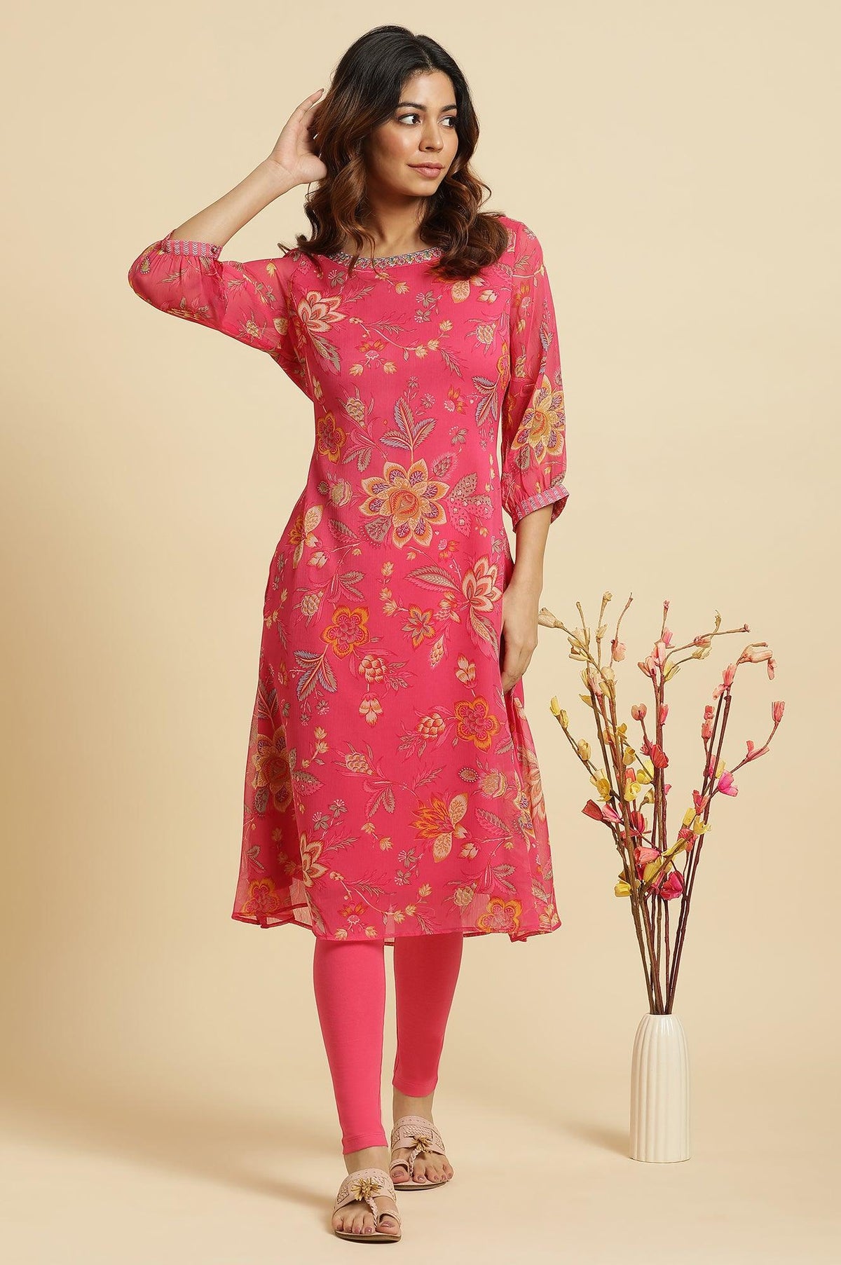 W for Woman Pink Chiffon Printed Kurta with Multi-coloured Floral Embroidery | Grocsy