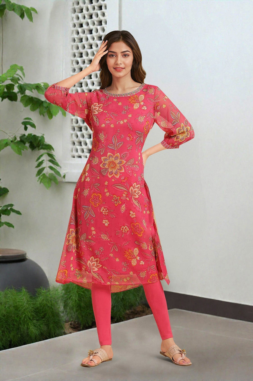 W for Woman Pink Chiffon Printed Kurta with Multi-coloured Floral Embroidery | Grocsy