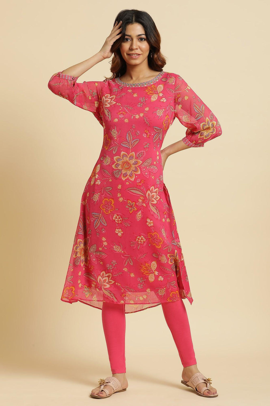W for Woman Pink Chiffon Printed Kurta with Multi-coloured Floral Embroidery | Grocsy