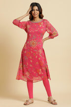 W for Woman Pink Chiffon Printed Kurta with Multi-coloured Floral Embroidery | Grocsy