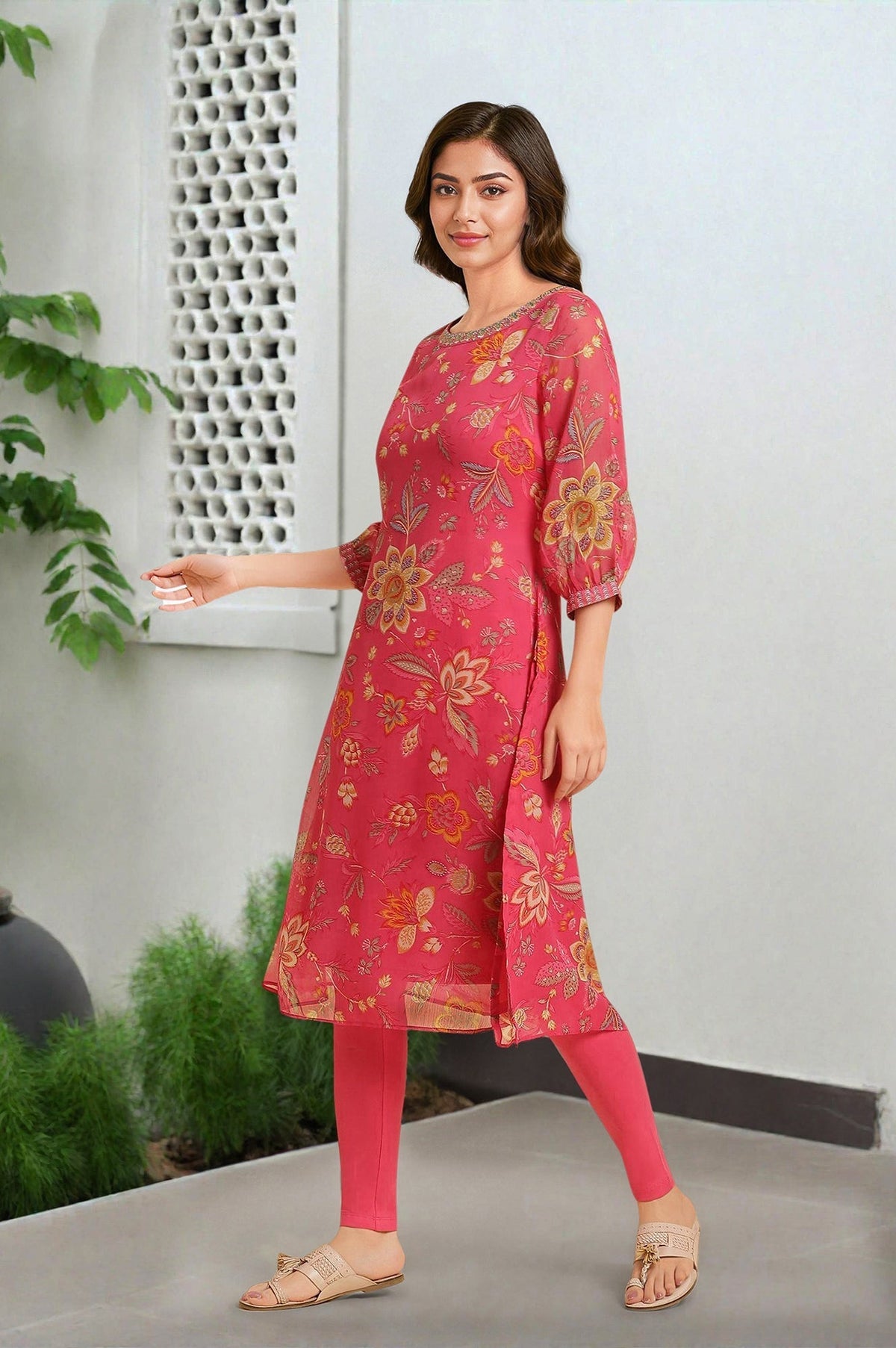 W for Woman Pink Chiffon Printed Kurta with Multi-coloured Floral Embroidery | Grocsy