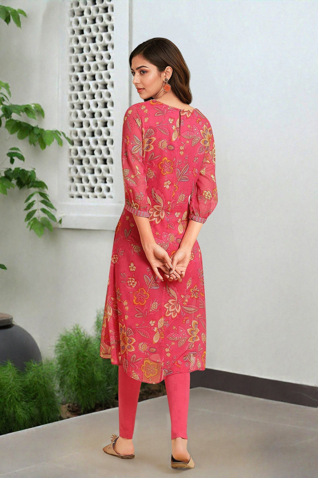 W for Woman Pink Chiffon Printed Kurta with Multi-coloured Floral Embroidery | Grocsy