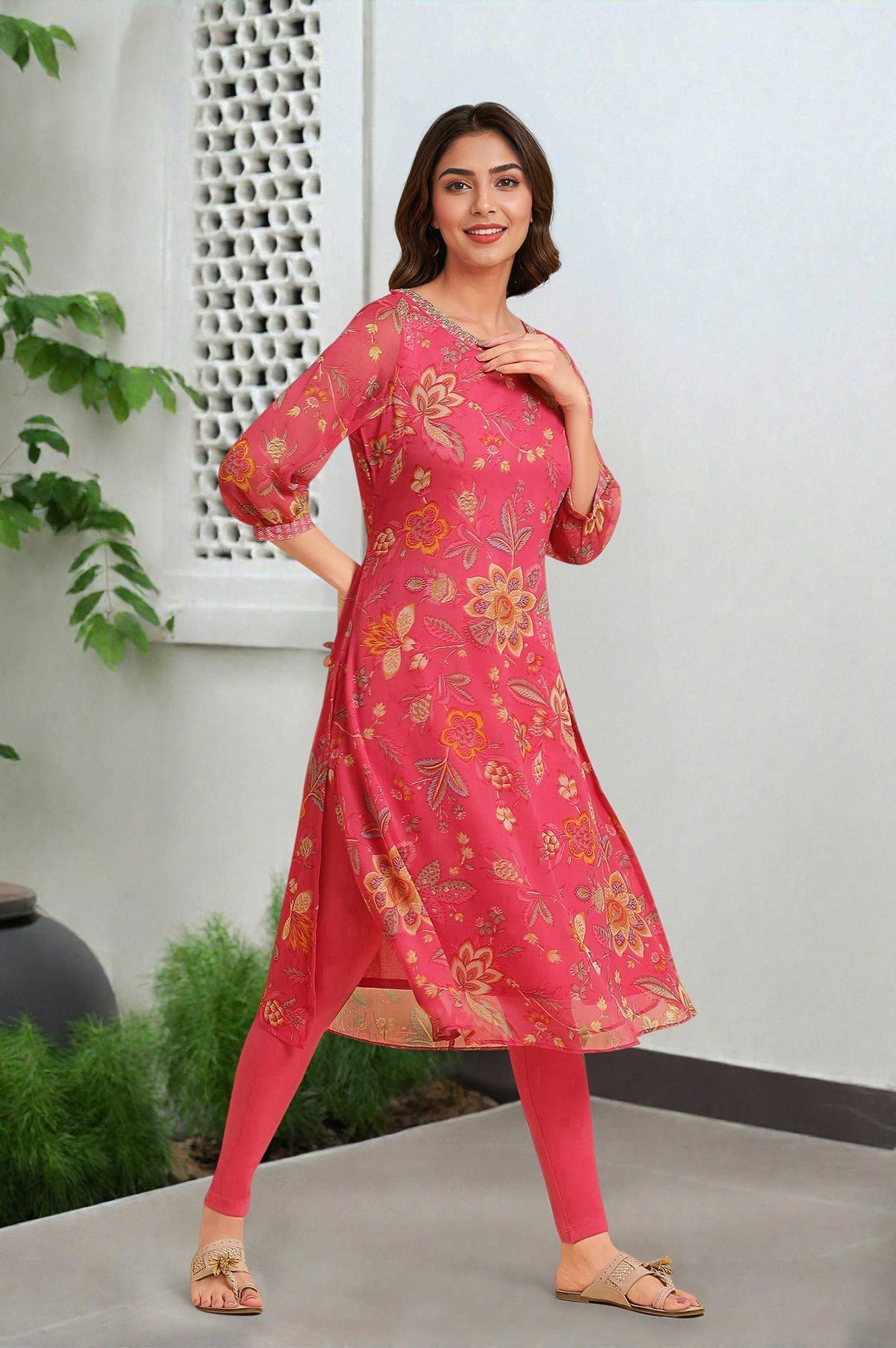 W for Woman Pink Chiffon Printed Kurta with Multi-coloured Floral Embroidery | Grocsy
