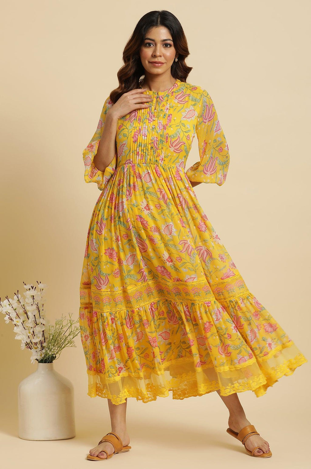 W for Woman Yellow Floral Chiffon Maxi Dress | Grocsy