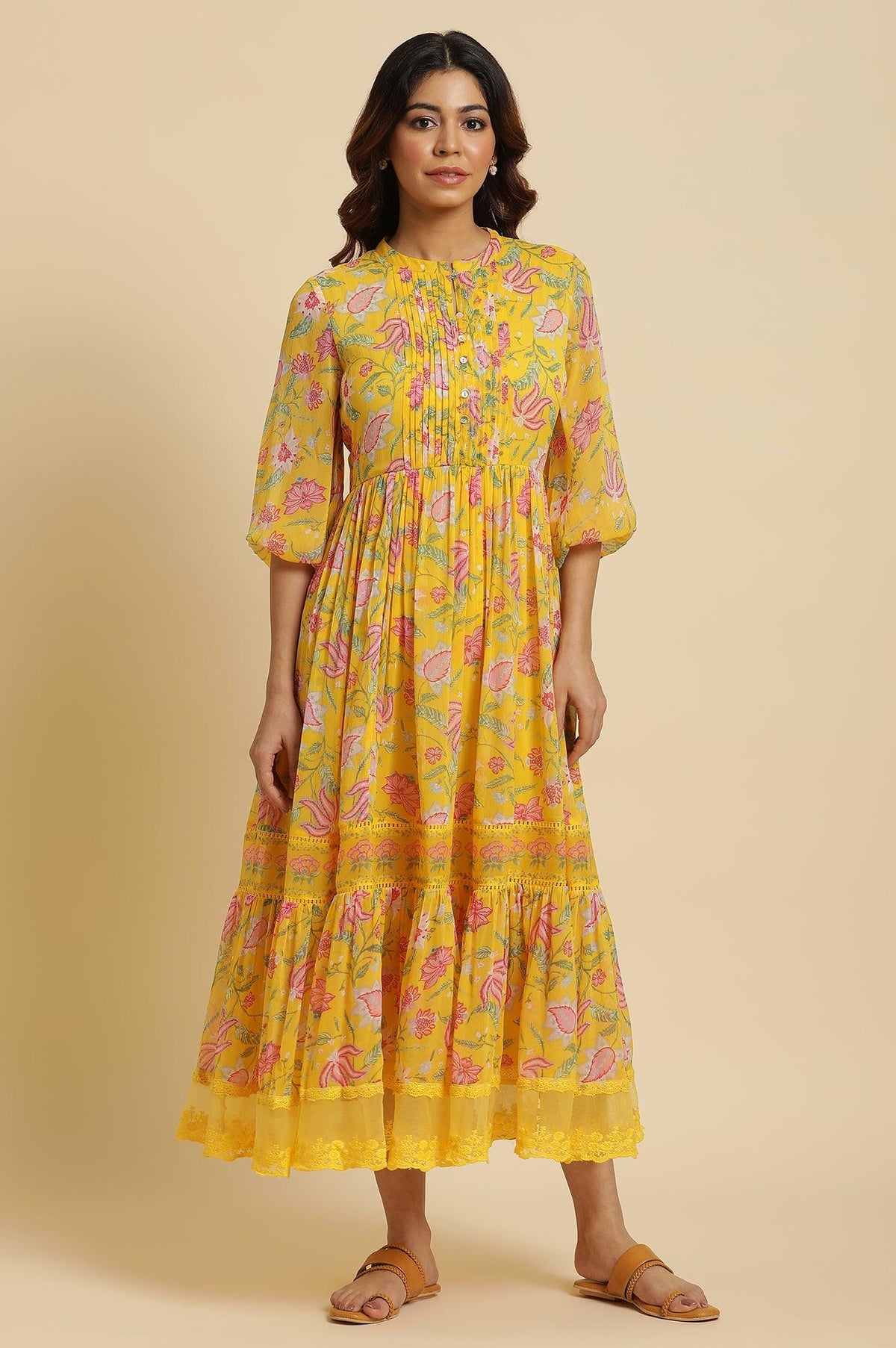 W for Woman Yellow Floral Chiffon Maxi Dress | Grocsy