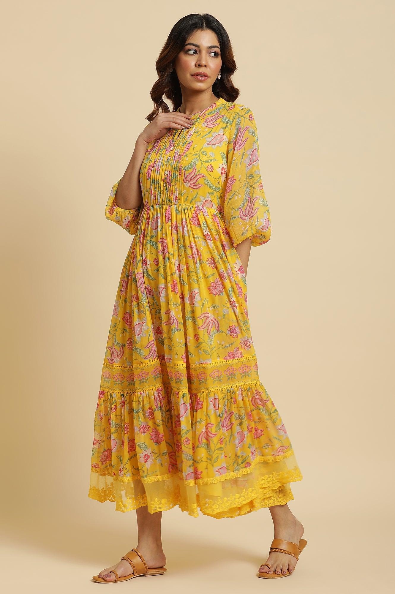 W for Woman Yellow Floral Chiffon Maxi Dress | Grocsy