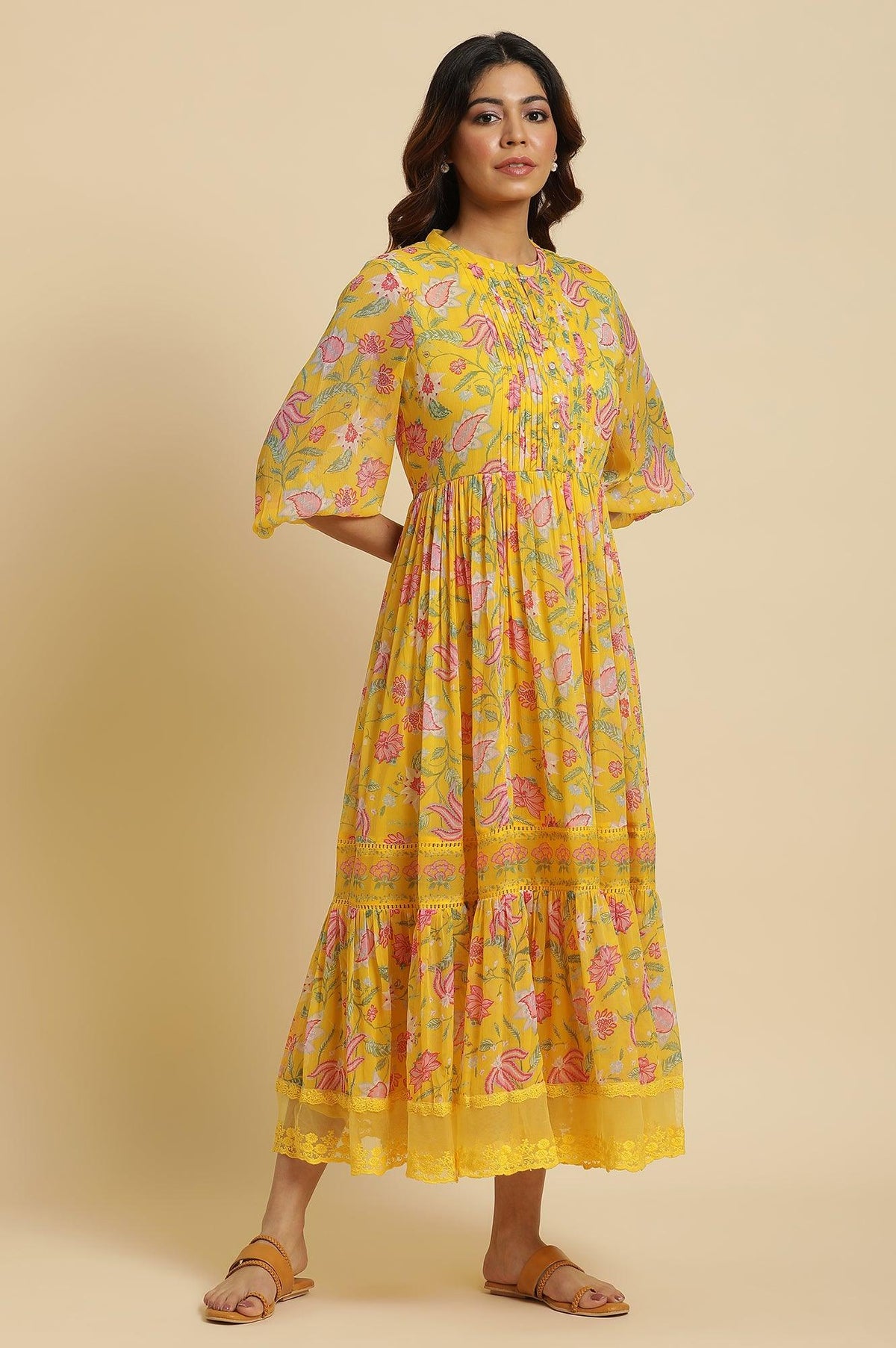 W for Woman Yellow Floral Chiffon Maxi Dress | Grocsy