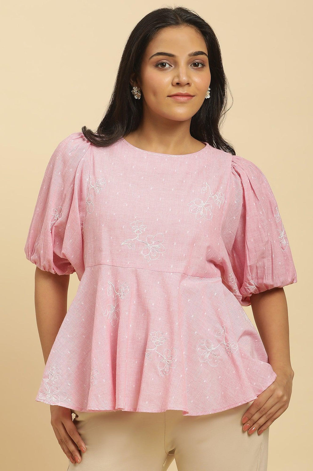 W for Woman Pink Embroidered Western Peplum Top | Grocsy