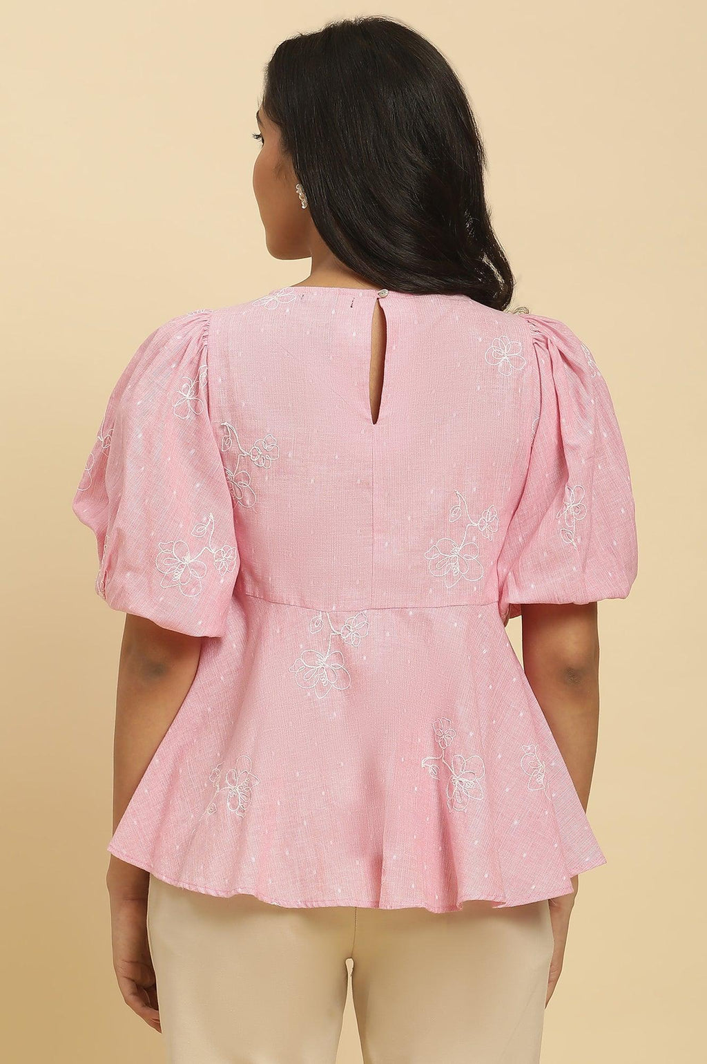 W for Woman Pink Embroidered Western Peplum Top | Grocsy