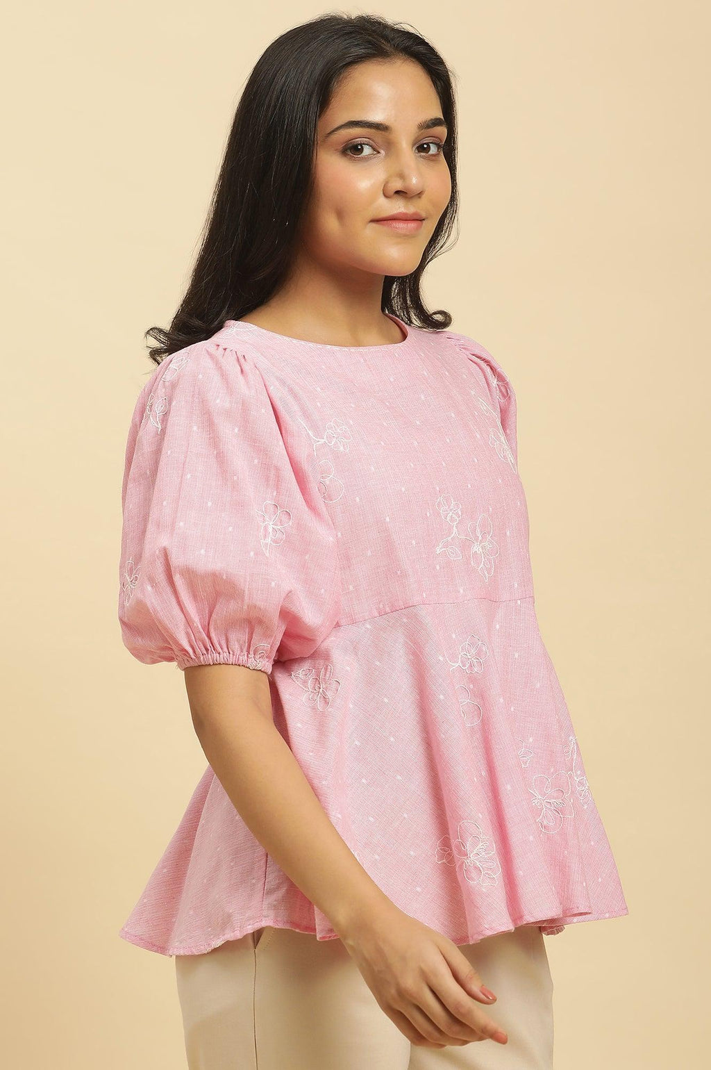 W for Woman Pink Embroidered Western Peplum Top | Grocsy