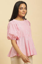 W for Woman Pink Embroidered Western Peplum Top | Grocsy