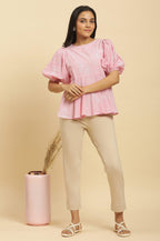 W for Woman Pink Embroidered Western Peplum Top | Grocsy