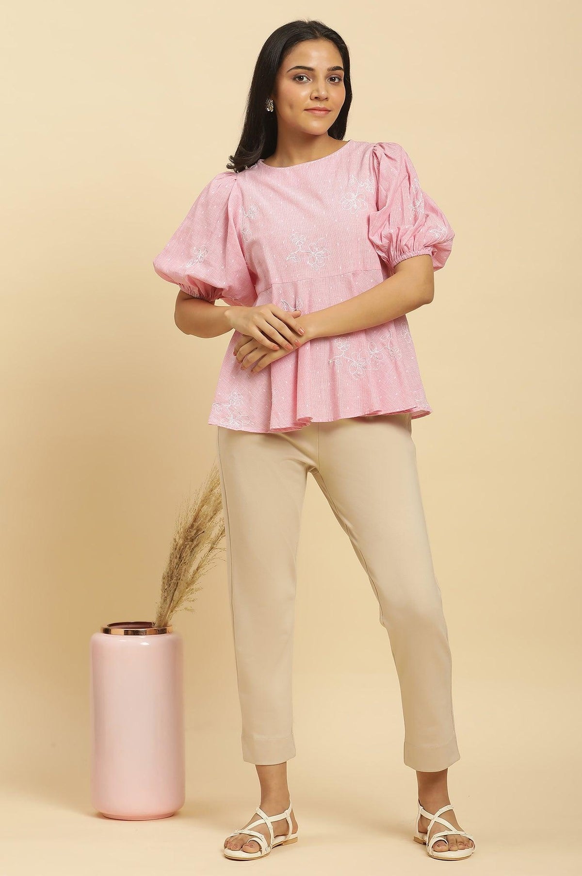 W for Woman Pink Embroidered Western Peplum Top | Grocsy