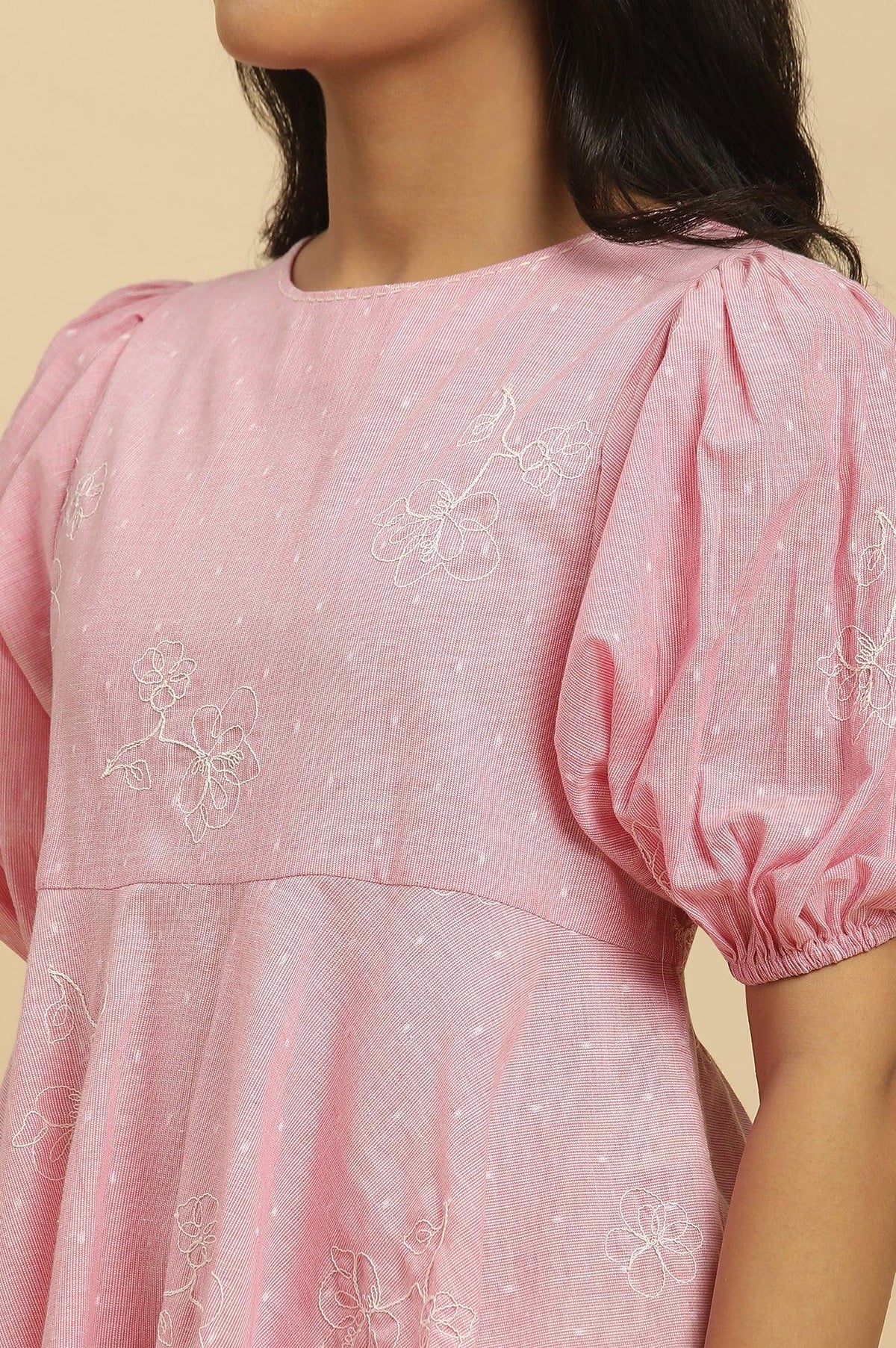 W for Woman Pink Embroidered Western Peplum Top | Grocsy