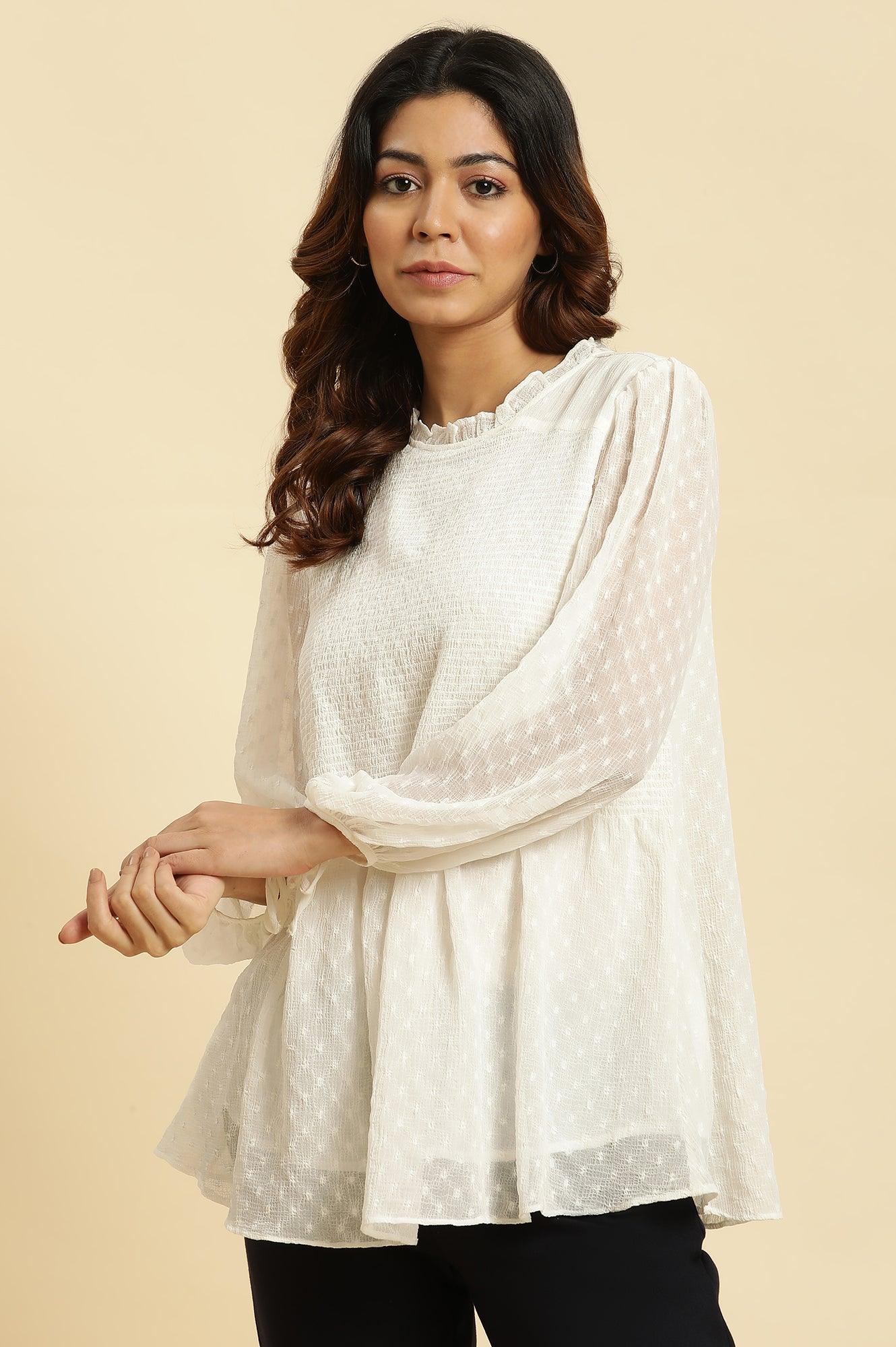 W for Woman White Socking Chiffon Swiss Dot Western Top | Grocsy