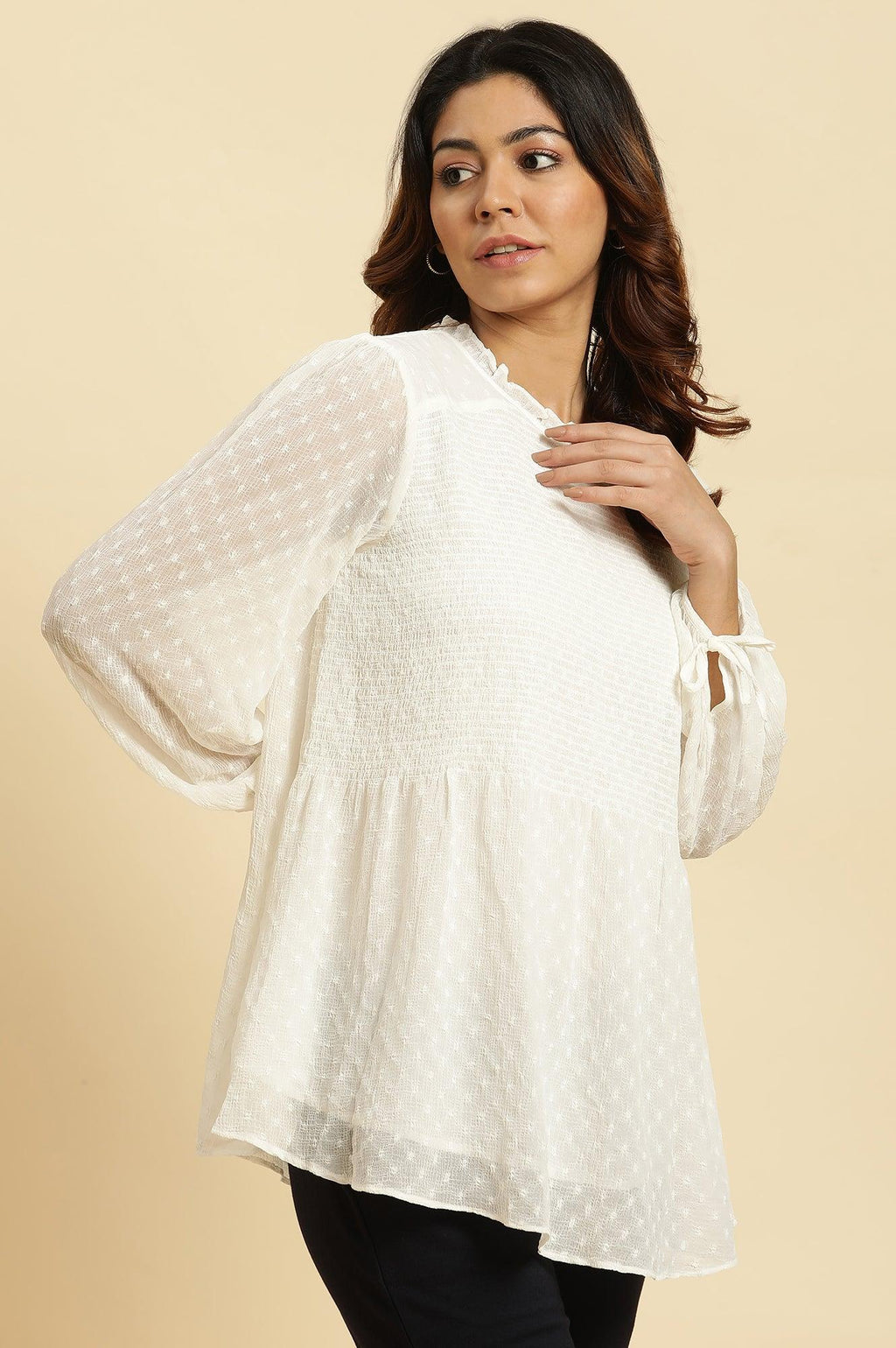 W for Woman White Socking Chiffon Swiss Dot Western Top | Grocsy