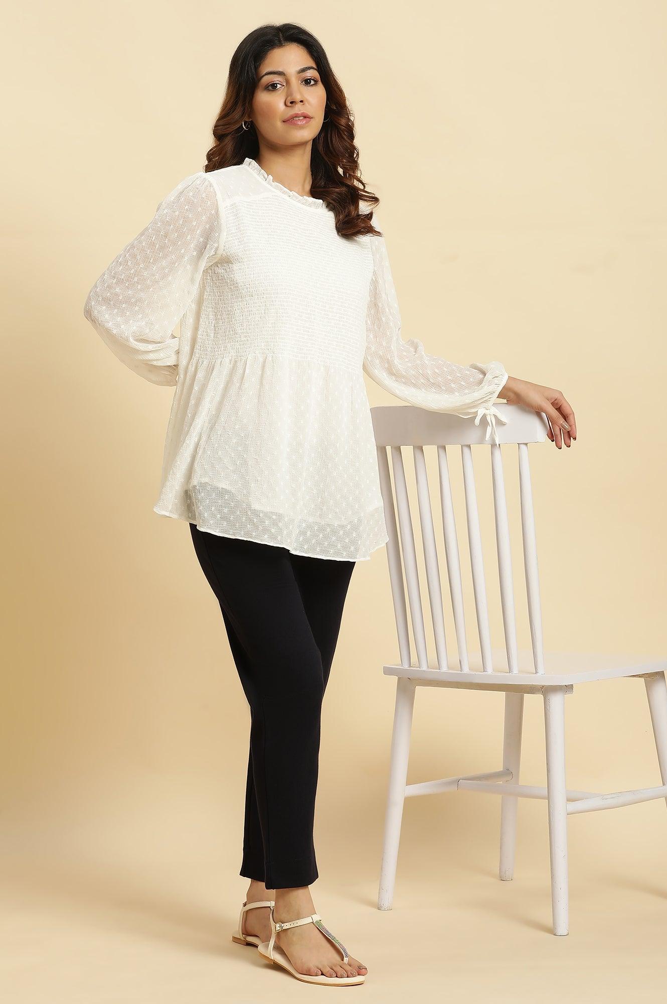 W for Woman White Socking Chiffon Swiss Dot Western Top | Grocsy