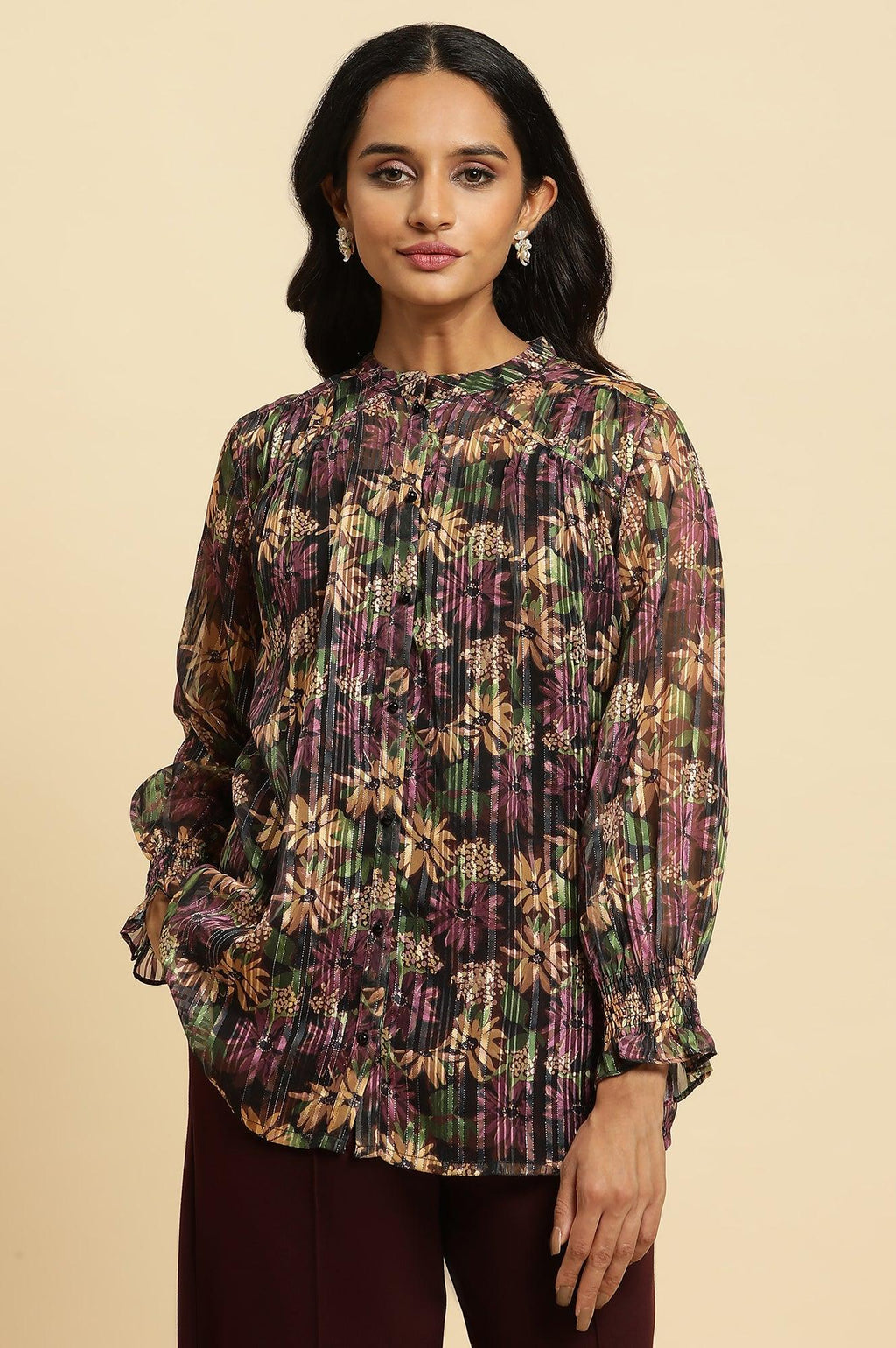 W for Woman Purple Floral Printed Chiffon Lurex Top | Grocsy