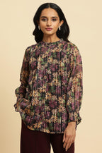 W for Woman Purple Floral Printed Chiffon Lurex Top | Grocsy