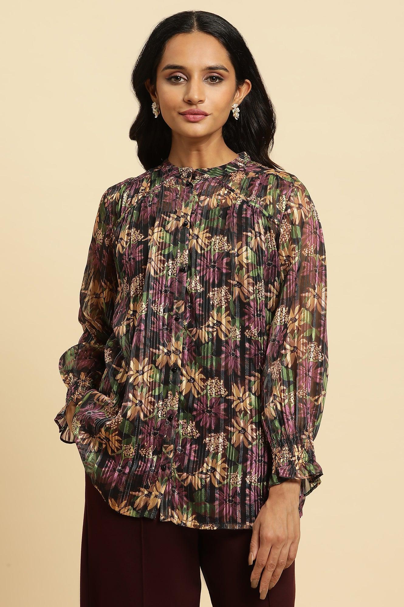 W for Woman Purple Floral Printed Chiffon Lurex Top | Grocsy
