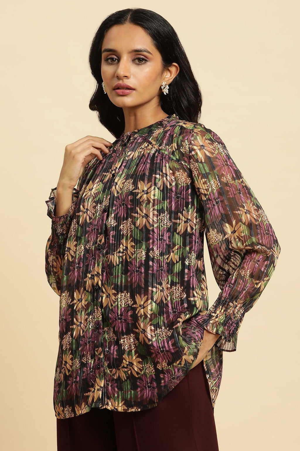 W for Woman Purple Floral Printed Chiffon Lurex Top | Grocsy