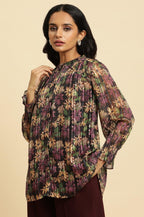 W for Woman Purple Floral Printed Chiffon Lurex Top | Grocsy