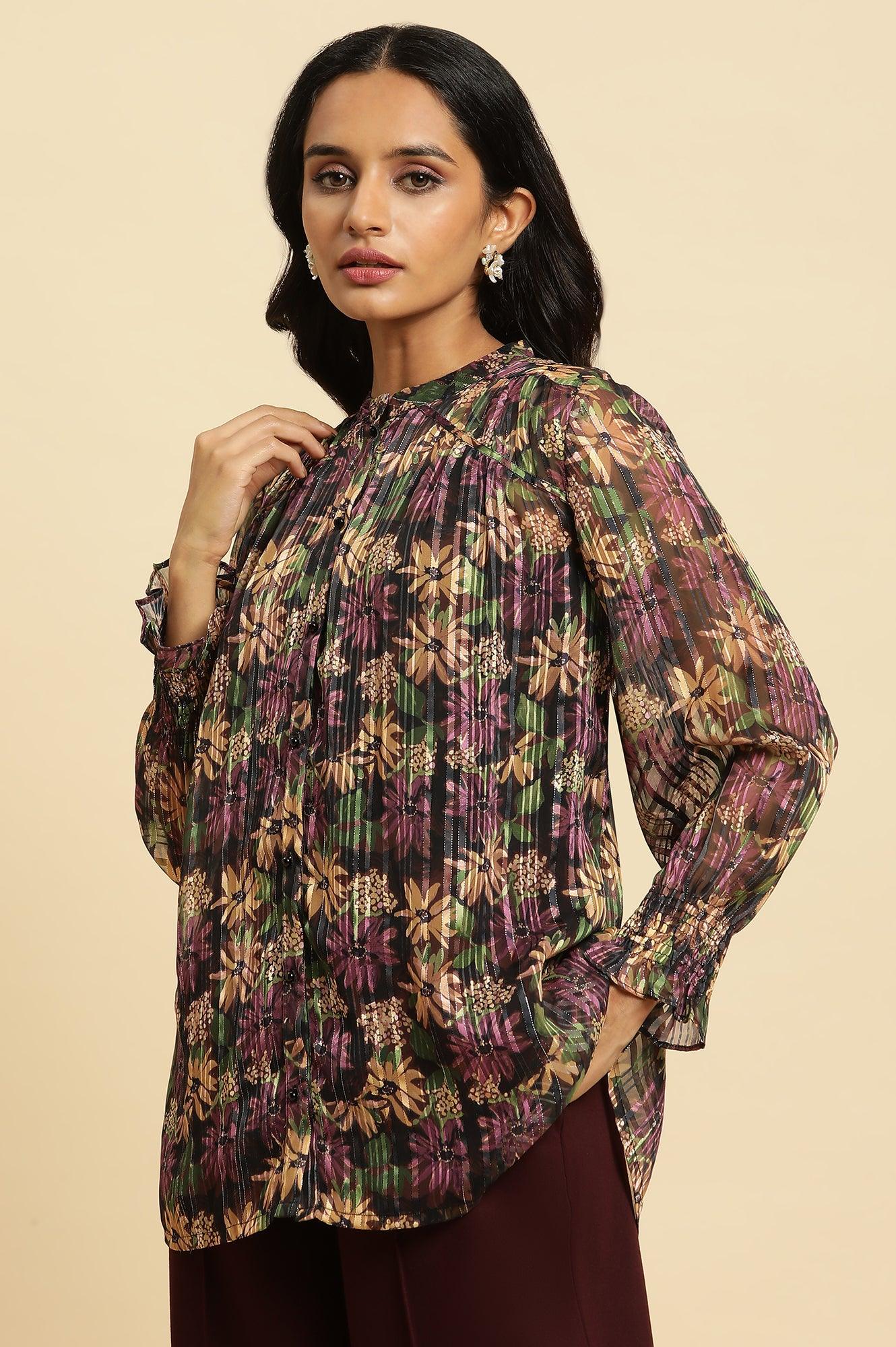 W for Woman Purple Floral Printed Chiffon Lurex Top | Grocsy