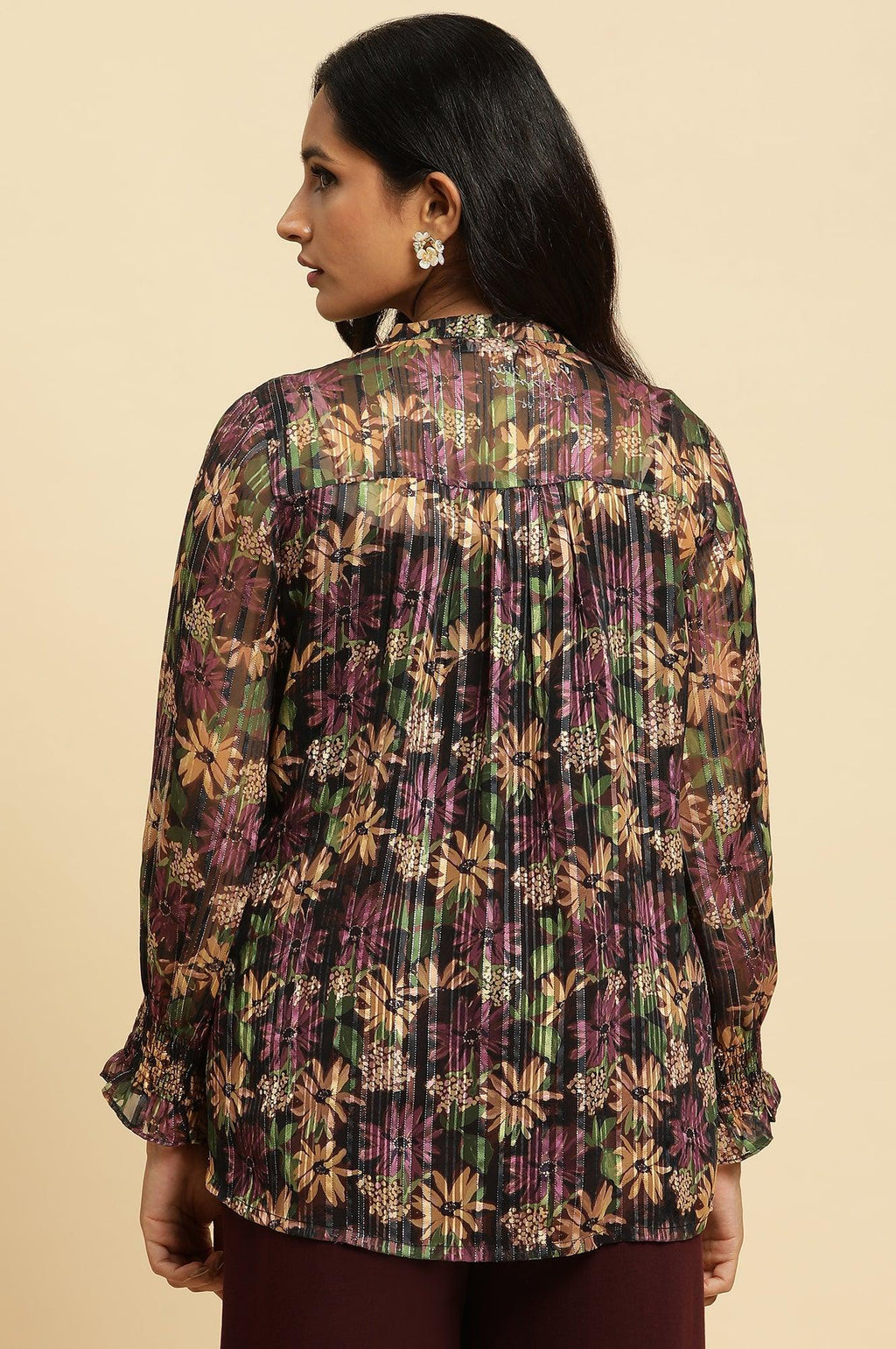 W for Woman Purple Floral Printed Chiffon Lurex Top | Grocsy