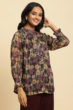 W for Woman Purple Floral Printed Chiffon Lurex Top | Grocsy