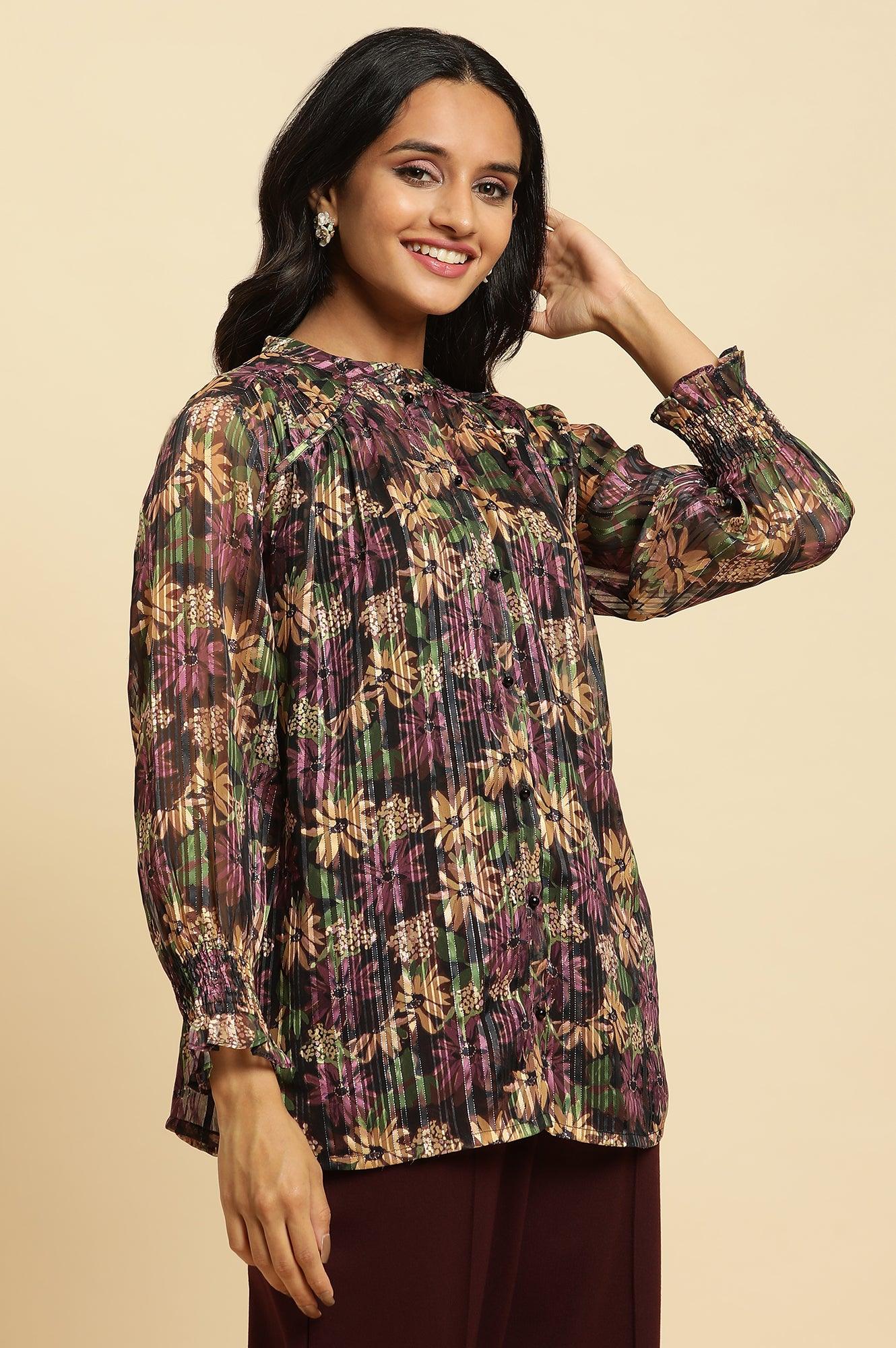 W for Woman Purple Floral Printed Chiffon Lurex Top | Grocsy