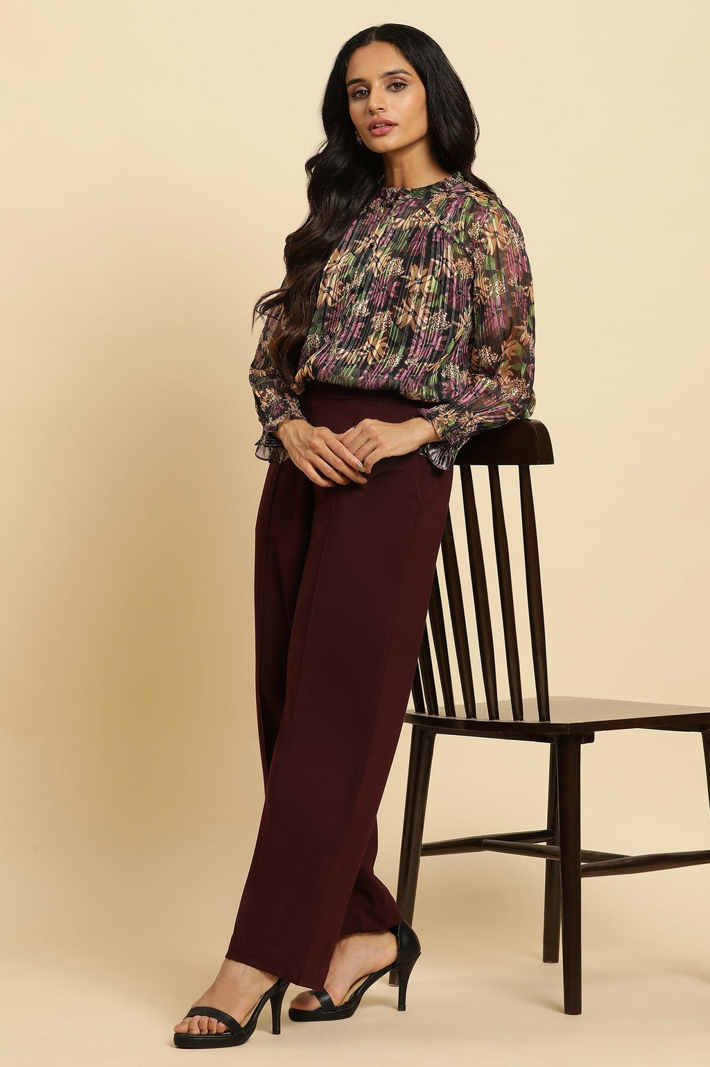W for Woman Purple Floral Printed Chiffon Lurex Top | Grocsy