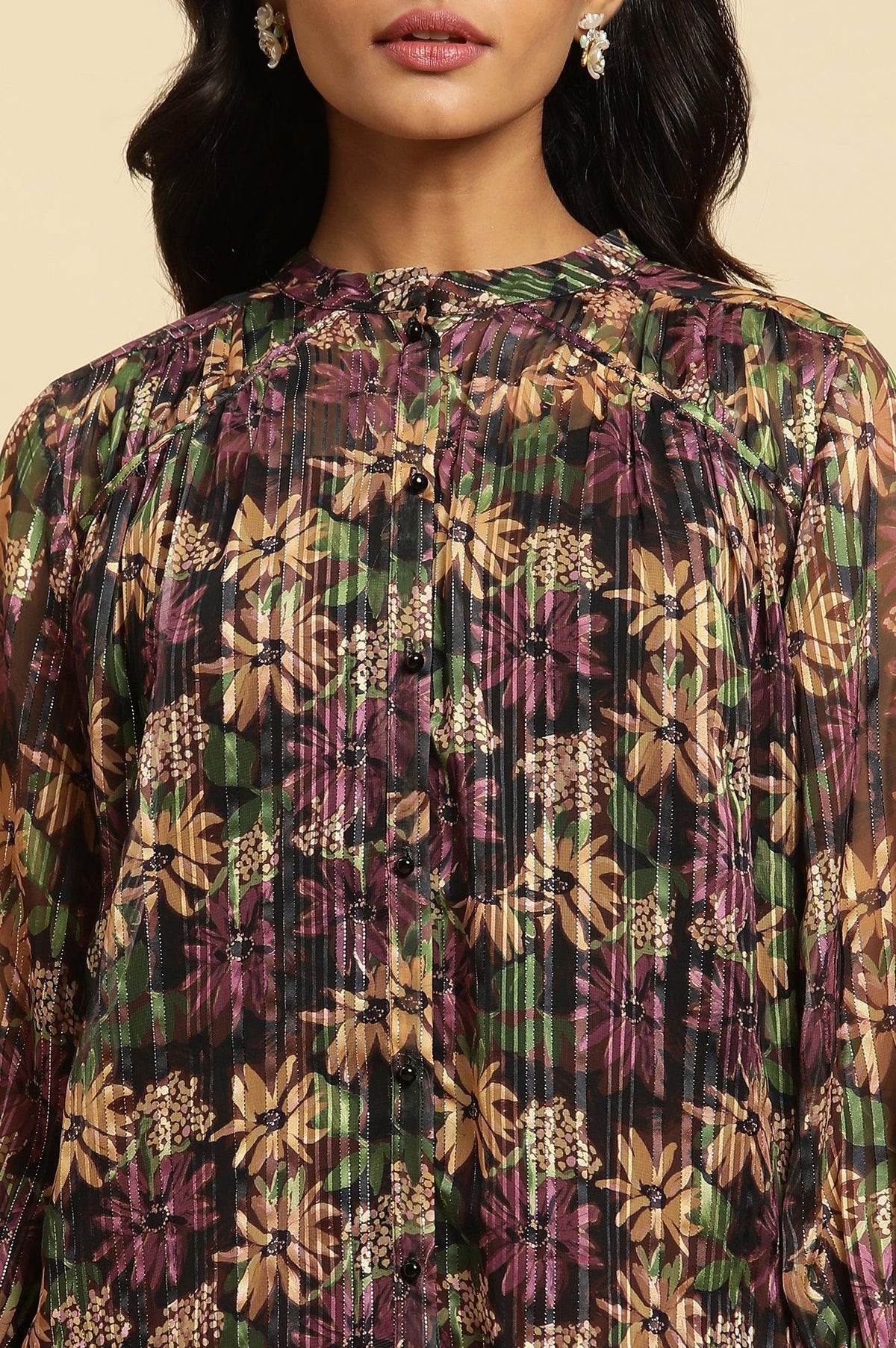 W for Woman Purple Floral Printed Chiffon Lurex Top | Grocsy