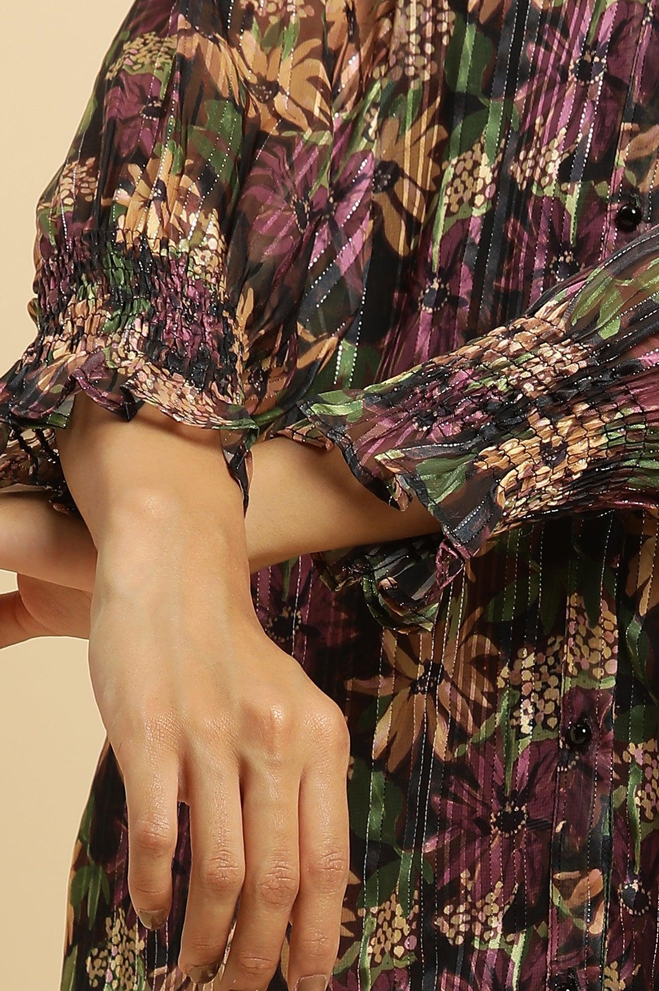 W for Woman Purple Floral Printed Chiffon Lurex Top | Grocsy