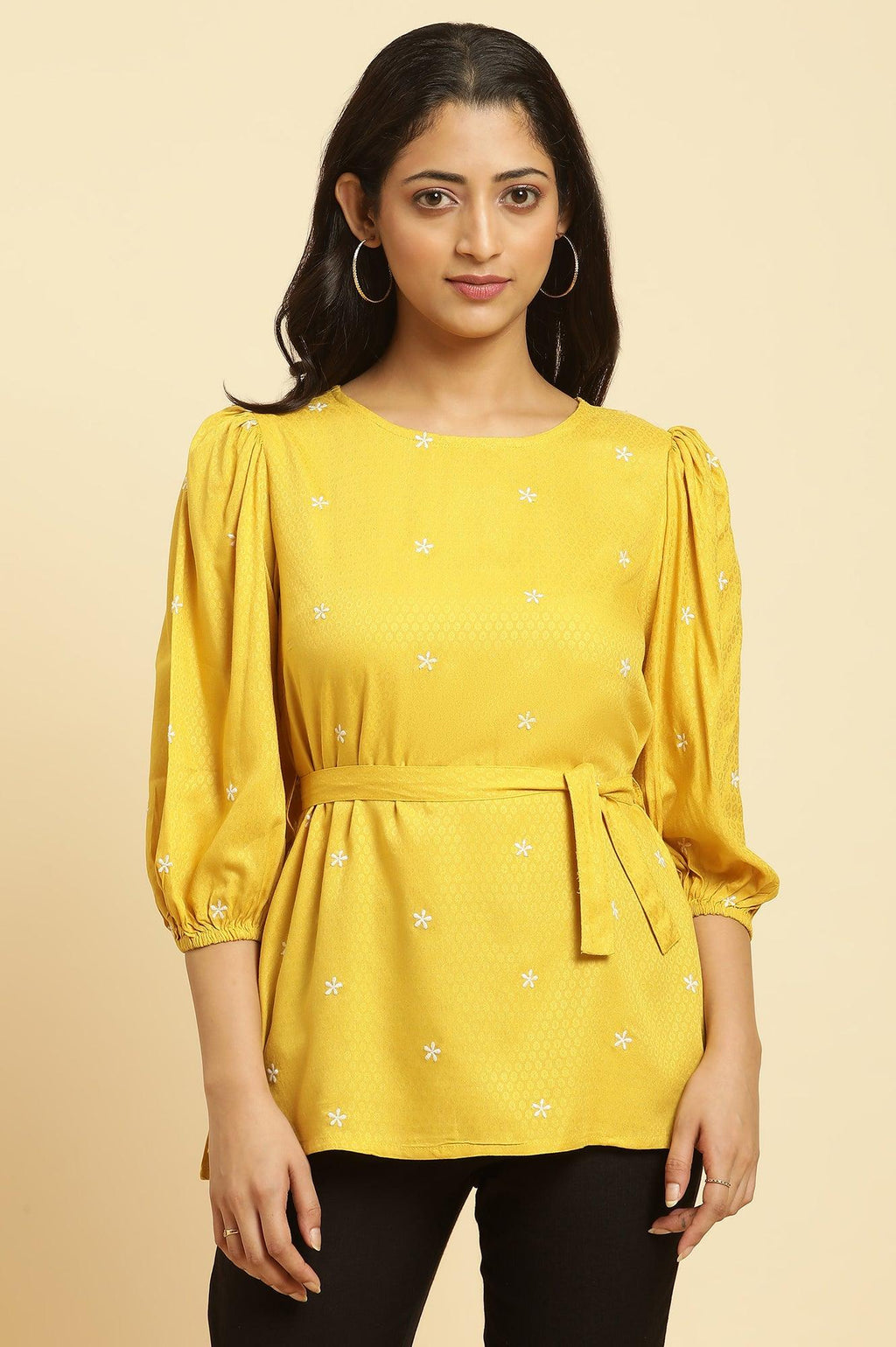 W for Woman Yellow Minimal Embroidered Western Top With Belt | Grocsy