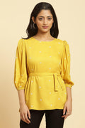 W for Woman Yellow Minimal Embroidered Western Top With Belt | Grocsy