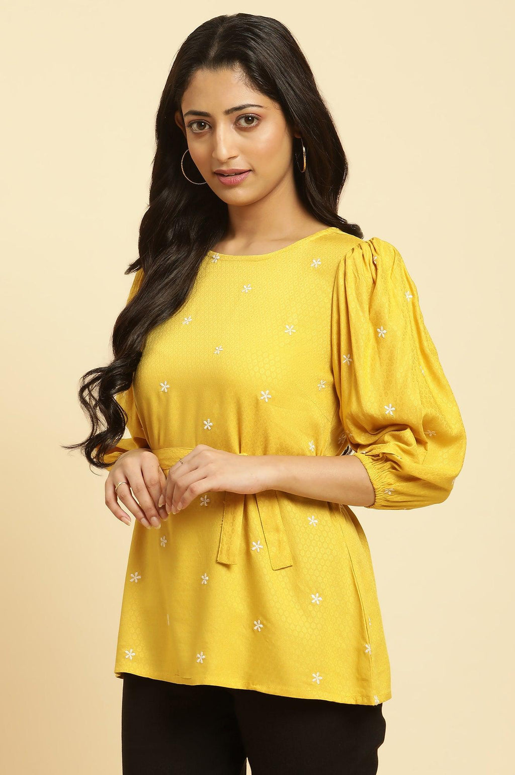W for Woman Yellow Minimal Embroidered Western Top With Belt | Grocsy