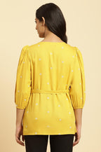 W for Woman Yellow Minimal Embroidered Western Top With Belt | Grocsy