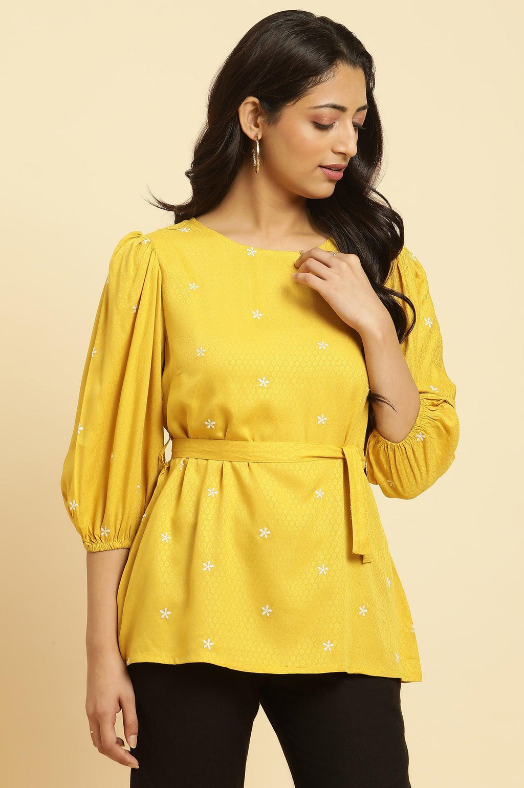 W for Woman Yellow Minimal Embroidered Western Top With Belt | Grocsy