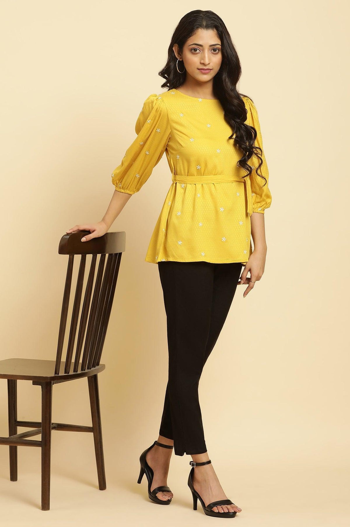 W for Woman Yellow Minimal Embroidered Western Top With Belt | Grocsy