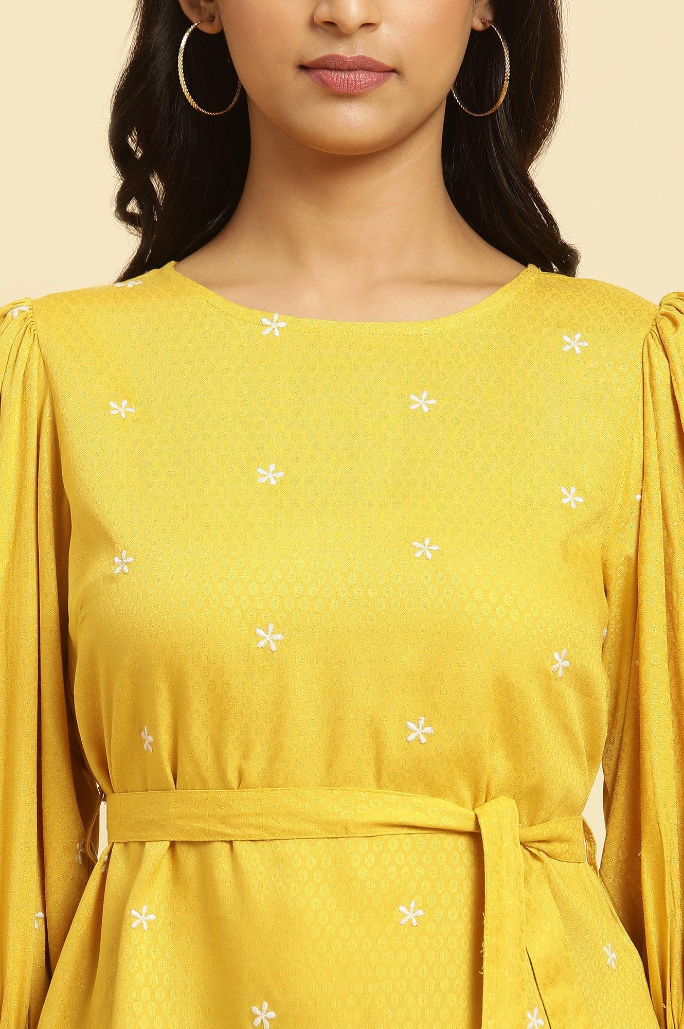 W for Woman Yellow Minimal Embroidered Western Top With Belt | Grocsy