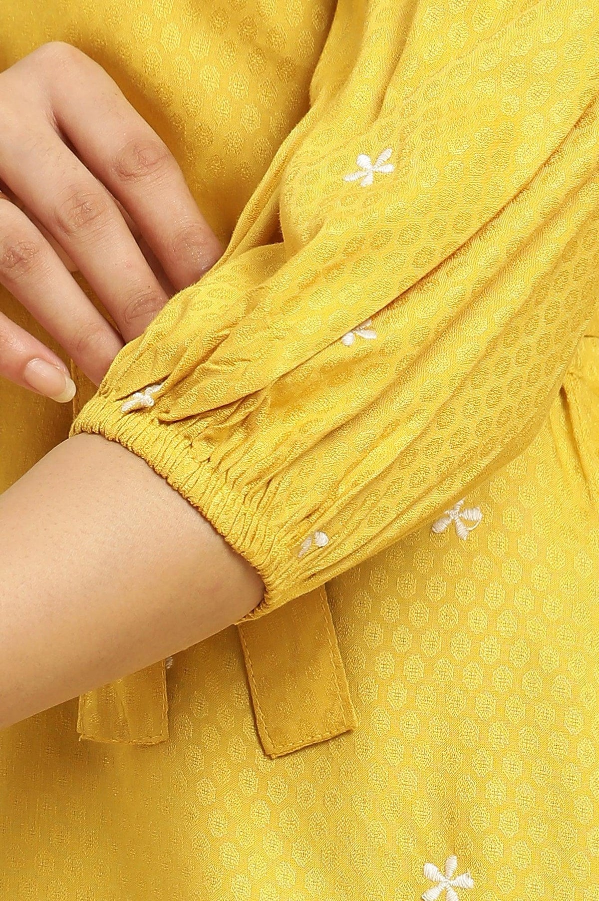 W for Woman Yellow Minimal Embroidered Western Top With Belt | Grocsy